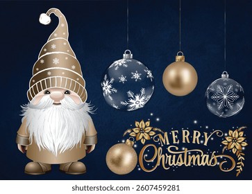 A festive little gnome standing beside holiday baubles on a dark blue background.