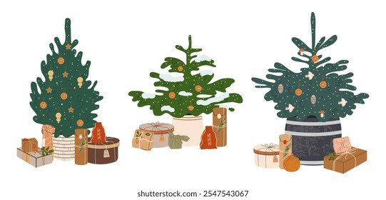 Festive live Christmas trees in pots and barrels decorated with handmade toys: dried oranges, mushrooms, birds, balls, cones. Gifts in eco-packages. Isolated on a white background.Vector illustration.