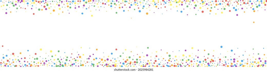 Festive lively confetti. Celebration stars. Rainbow confetti on white background. Actual festive overlay template. Panoramic vector background.