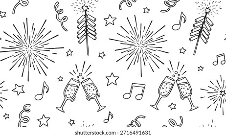 Un patrón festivo y animado dibujado a mano con varios Elementos de una celebración de la Nueva Nochevieja, que incluye fuegos artificiales, notas musicales, estrellas, serpentinas de fiesta y copas de champán tintineando.