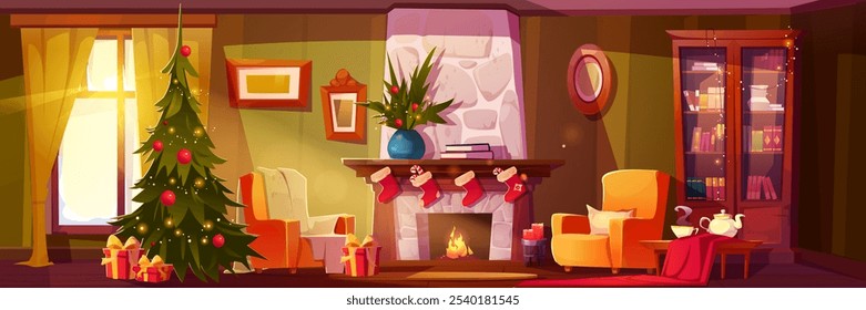 Festive living room with decorated Christmas tree and wrapped presents. Red socks hang above burning fireplace. Cozy armchairs, illuminated bookcase, tea service on table. Sunlight through window.