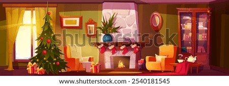 Festive living room with decorated Christmas tree and wrapped presents. Red socks hang above burning fireplace. Cozy armchairs, illuminated bookcase, tea service on table. Sunlight through window.
