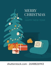 Festive living room at home with fire fireplace, armchair, Christmas tree, gift box presents. Merry Christmas greeting card. Happy New Year postcard. Celebration holiday vector illustration, banner