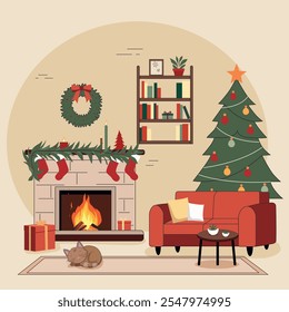 Festive living room interior with a decorated fireplace, stockings, garlands, a Christmas tree, and presents. A red sofa and a sleeping cat add warmth, creating a cozy and peaceful holiday vibe