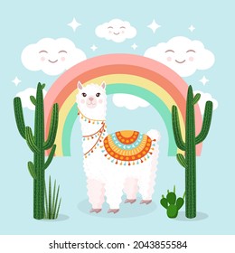 Festive llama or alpaca against the backdrop of a landscape with a rainbow, cheerful clouds and cacti. Vector illustration for greeting card, poster, texture, textile, decor. Cartoon character.