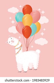 Festive llama or alpaca flies on inflatable colorful balloons on a pink background. Vector illustration for greeting card, poster, texture, textile, decor. Cartoon character.