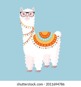 Festive llama or alpaca with glasses on a blue background. Vector illustration for baby texture, textile, fabric, poster, greeting card, decor. Character design.