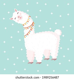 Festive llama or alpaca on a blue background with stars. Vector illustration for baby texture, textile, fabric, poster, greeting card, decor. Character design.