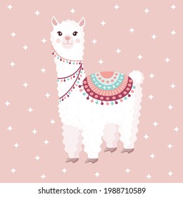 Festive llama or alpaca on a pink background with stars. Vector illustration for baby texture, textile, fabric, poster, greeting card, decor. Character design.