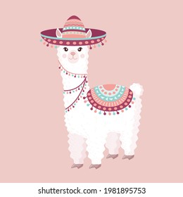 Festive llama or alpaca in a sombrero on a pink background. Vector illustration for baby texture, textile, fabric, poster, greeting card, decor. Character design.