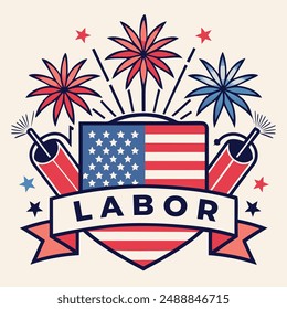 Festive logo with fireworks in the background, represting the labor day