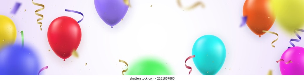 Festive long horizontal banner with bright realistic balloons and confetti. Vector template for birthday, party, wedding, anniversary, etc.