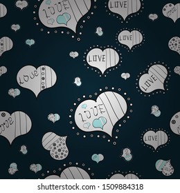 Festive love background. Vector. Perfect design element for wallpaper, textile, wedding invitation. Happy Valentine':s Day. Seamless pattern Beautiful handdrawn seamless with hearts. White, blue, gray