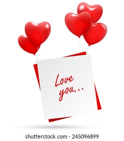 Festive love red paper hang on multicolored inflatable hearts air balls isolated on white background 