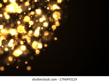 Festive luminous background with colorful lights bokeh. Christmas glowing bokeh confetti and spark overlay texture. Abstract glowing bokeh lights isolated on black background. Vector illustration.