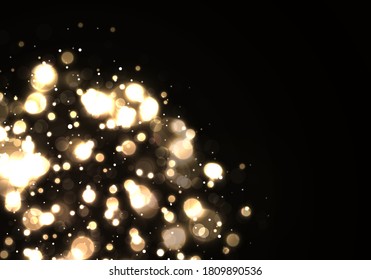 Festive luminous background with colorful lights bokeh. Christmas glowing bokeh confetti and spark overlay texture. Abstract glowing bokeh lights isolated on black background. Vector illustration.