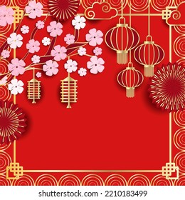 Festive luxury red gold background. New Year, Chinese New Year. Frame made of Chinese lanterns, fireworks, tree flower branches and space for your text