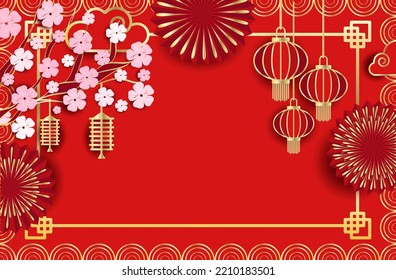 Festive luxury red gold background. New Year, Chinese New Year. Frame made of Chinese lanterns, fireworks, tree flower branches and space for your text. Horizontal orientation
