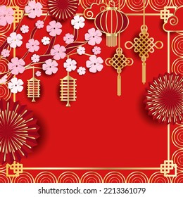 Festive luxury red gold background. New Year, Chinese New Year. Frame made of Chinese lanterns, fireworks, tree flower branches and space for your text