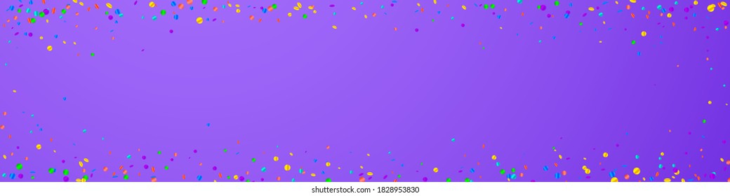 Festive magnetic confetti. Celebration stars. Bright confetti on violet background. Alluring festive overlay template. Panoramic vector background.