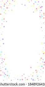 Festive magnetic confetti. Celebration stars. Colorful stars random on white background. Favorable festive overlay template. Vertical vector background.