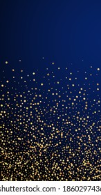 Festive magnificent confetti. Celebration stars. Gold confetti on dark blue background. Graceful festive overlay template. Vertical vector background.