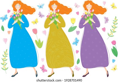 Festive maiden. 8 March women's holiday. Beautiful woman and flowers. Three dresses. Red hair. 