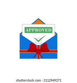 Festive mail envelope with letter notification, approved stamp and check mark. Isolated vector illustration in flat style. 