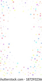 Festive majestic confetti. Celebration stars. Colorful stars random on white background. Fetching festive overlay template. Vertical vector background.