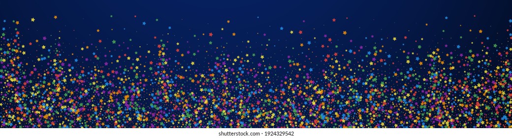 Festive majestic confetti. Celebration stars. Childish bright stars on dark blue background. Adorable festive overlay template. Panoramic vector background.