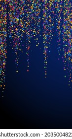 Festive majestic confetti. Celebration stars. Joyous confetti on dark blue background. Gorgeous festive overlay template. Vertical vector background.