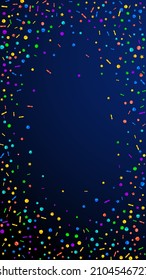 Festive majestic confetti. Celebration stars. Festive confetti on dark blue background. Fascinating festive overlay template. Vertical vector background.