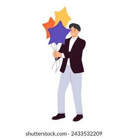 Festive man in cone hat holding colorful air balloons vector flat illustration. Male having fun celebrating holiday isolated. Congrats to birthday or anniversary