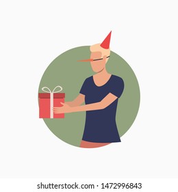 Festive man giving gift. Guy wearing birthday hat holding present box. Holiday concept. Vector illustration can be used for topics like New Year, birthday party, surprise
