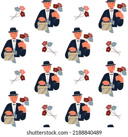 Festive man with a present wallpaper. Seamless pattern with a gentleman with a gift box and flowers. Vector congrats holiday texture.