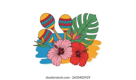 Festive maracas and tropical flowers illustrating a vibrant celebration