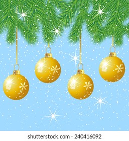 festive marbles hang on the branches of tree,  vector  illustration