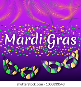 Festive mardi gras background greeting card. Carnival holiday celebration with mask decoration. Vector illustration