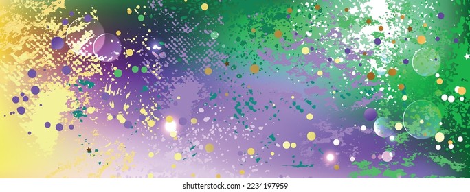 Festive, Mardi Gras background splattered with blots of purple, yellow and green paint. Background for holiday Mardi Gras.