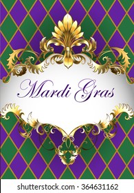 Festive Mardi Gras banner decorated with frame and gold Fleur de Lis on background of green and purple rhombus.