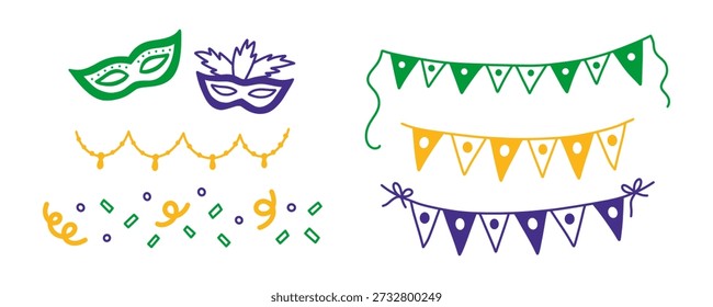 Coleção festiva de elementos de design Mardi Gras. Máscaras de máscaras verdes e roxas, contas de carnaval amarelas, bandeiras de bunting coloridas e confetes. Ilustração vetorial da decoração de Mardi Gras.