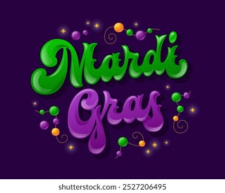 Cartas festivas do Mardi Gras cercadas por contas coloridas e estrelas cintilantes. As cores tradicionais do festival, verde, roxo e dourado, dão vida a essa tipografia lúdica. Perfeito para designs de férias