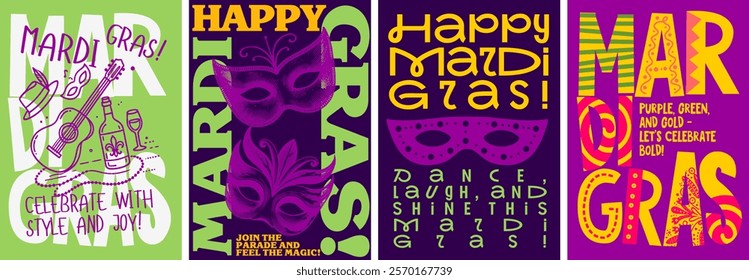 Festive Mardi Gras poster featuring colorful masks, beads, and festive elements. A vibrant design celebrating the joy of the festival.