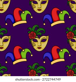 Festive Mardi Gras seamless vector pattern featuring ornate golden masks with red roses and jester hats on a deep purple background.