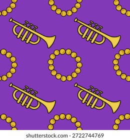 Festivo Mardi Gras padrão vetor sem costura com trombetas douradas e colares de contas em um fundo roxo vibrante, perfeito para projetos comemorativos.