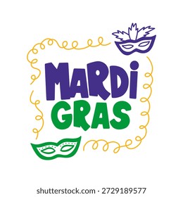Festive Mardi Gras text design with purple masks and gold serpentine swirls. Vibrant carnival-themed lettering for posters, social media, and party invites. Mardi Gras lettering with carnival masks.