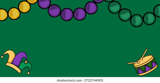 Fondo festivo de Vector de Mardi Gras con cuentas de colores, sombrero de bufón y Elementos de tambor sobre un fondo verde.