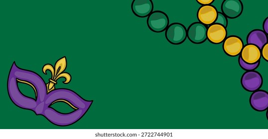 Diseño festivo de Vector de Mardi Gras con máscara púrpura y flor de lis dorada, complementado con cuentas en cascada de color verde, dorado y púrpura sobre un fondo verde sólido.