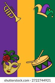 Festivo Mardi Gras projeto vetorial com trompete, máscara, chapéu jester, e tambor em roxo, ouro, e fundo verde.