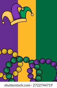Ilustração vetor Mardi Gras festiva com cores tradicionais e chapéu jester, com colares de contas em cascata para fundos comemorativos.